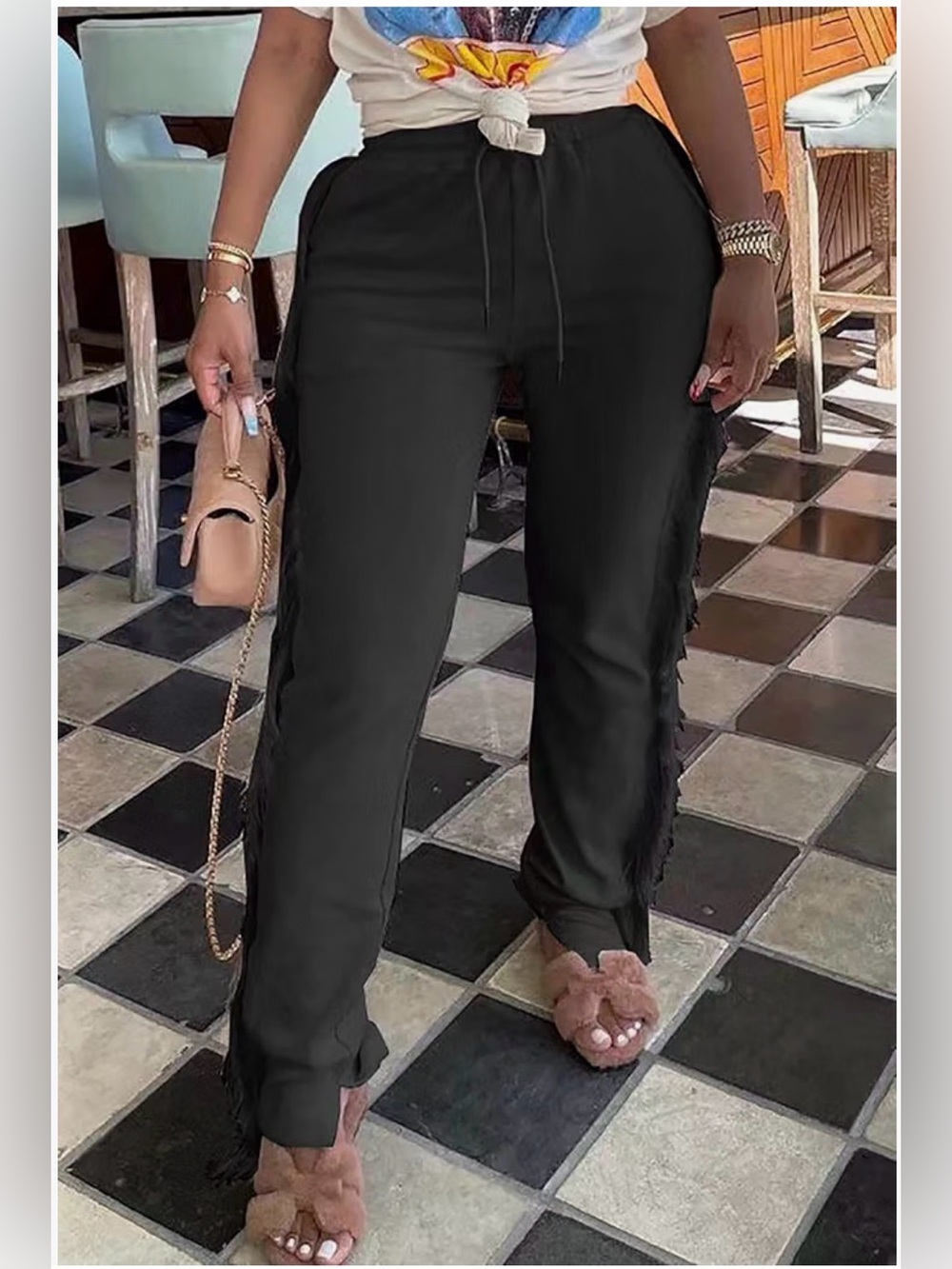 Minaa Monroe Fringe Pants Black Size M NWT Never Worn